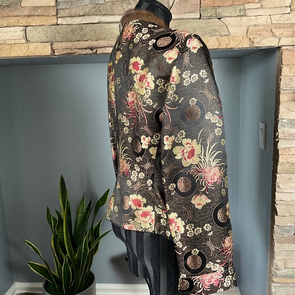 Y2K Brocade Mink Collar Holiday Party Asian Floral Black Brown 12 Doncaster - Picture 5 of 9